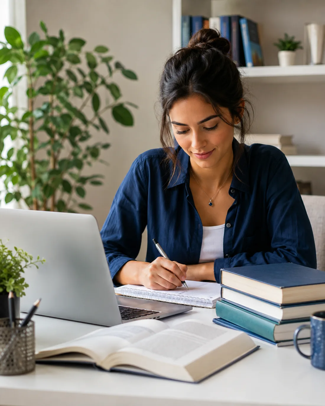 Estudante desenvolvendo seu próprio trabalho acadêmico com apoio de livros e anotações